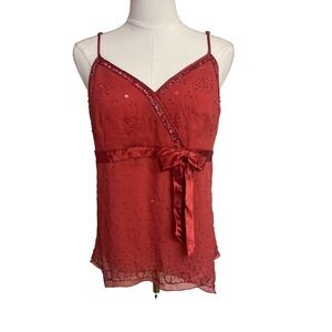 Y2K Babydoll Red Beaded Sequin Ribbon Bow Camisole Top M